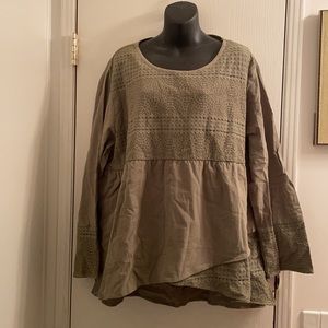 (3X) Plus Size Olive Green Asymmetrical Crochet Babydoll Top